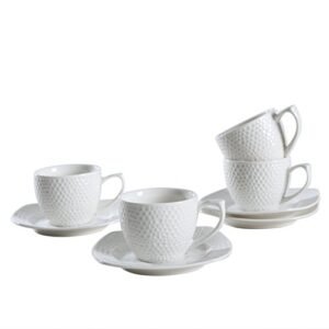 SOLECASA "3-OZ/Set of 4" Porcelain/Ceramic Espresso Cup and Saucer Set,White-Great as Holiday Gift/Present