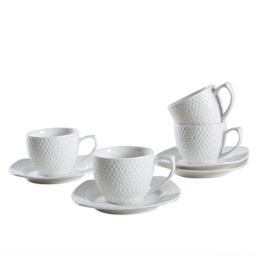 SOLECASA "3-OZ/Set of 4" Porcelain/Ceramic Espresso Cup and Saucer Set,White-Great as Holiday Gift/Present