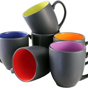 ITI Ceramic Bistro Hilo Coffee Mugs with Pan Scraper, 14 Ounce (6-Pack, Assorted)