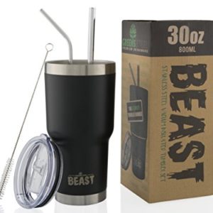 BEAST 30 oz Tumbler Stainless Steel Insulated Coffee Cup with Lid, 2 Straws, Brush & Gift Box by Greens Steel (30oz, Matte Black)