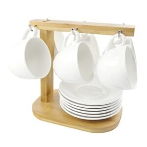 Tea Cup and Saucer Set, Set of 6, 77L Ceramic Tea Cup and Saucer Set with Bamboo Display Stand - Coffee Cups and Saucers Set for Home and Office, White