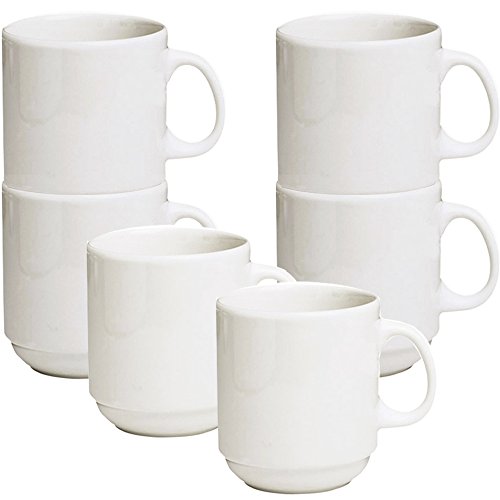 Stackable Ceramic Diner Coffee and Tea Mugs with Pan Scraper, 12 Ounce, Set of 6, Ivory