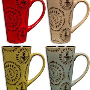 Colorful Tasty Ceramic Coffee Mug with Handle – Set of 4 - High Quality Ceramic Tea Cups Set - Tall Ceramic Latte Mugs Set (Round Words)