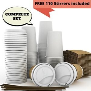 JUMBO Set of 110 - Paper Coffee Hot Cups, Travel Lids, Sleeves & Stirrers -12oz / 360ml - WHITE - Office/Party Pack - to go Coffee Cups, Disposable Travel Mug & Cover Hot/Cold Coffee, Tea & Chocolate
