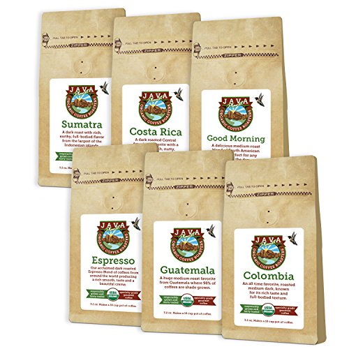 Java Planet - Sample Pack of USDA Organic Whole Coffee Beans, Arabica Gourmet Specialty Grade A Coffee packaged in six 3.2 oz bags